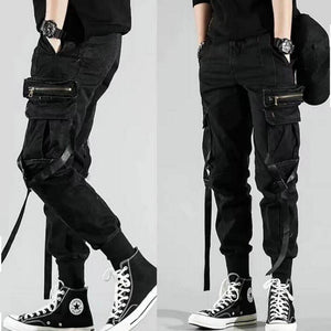 Men's Side Pockets Harem Pants 2020 Autumn Hip Hop Casual Ribbons Design Male Joggers Trousers Fashion Streetwear Pant Black