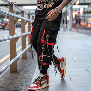 Letter Ribbons Casual Hip Hop Joggers Cargo Pants For Men Block Hit Color Pocket Track Pants Male Trousers Sweatpants Streetwear